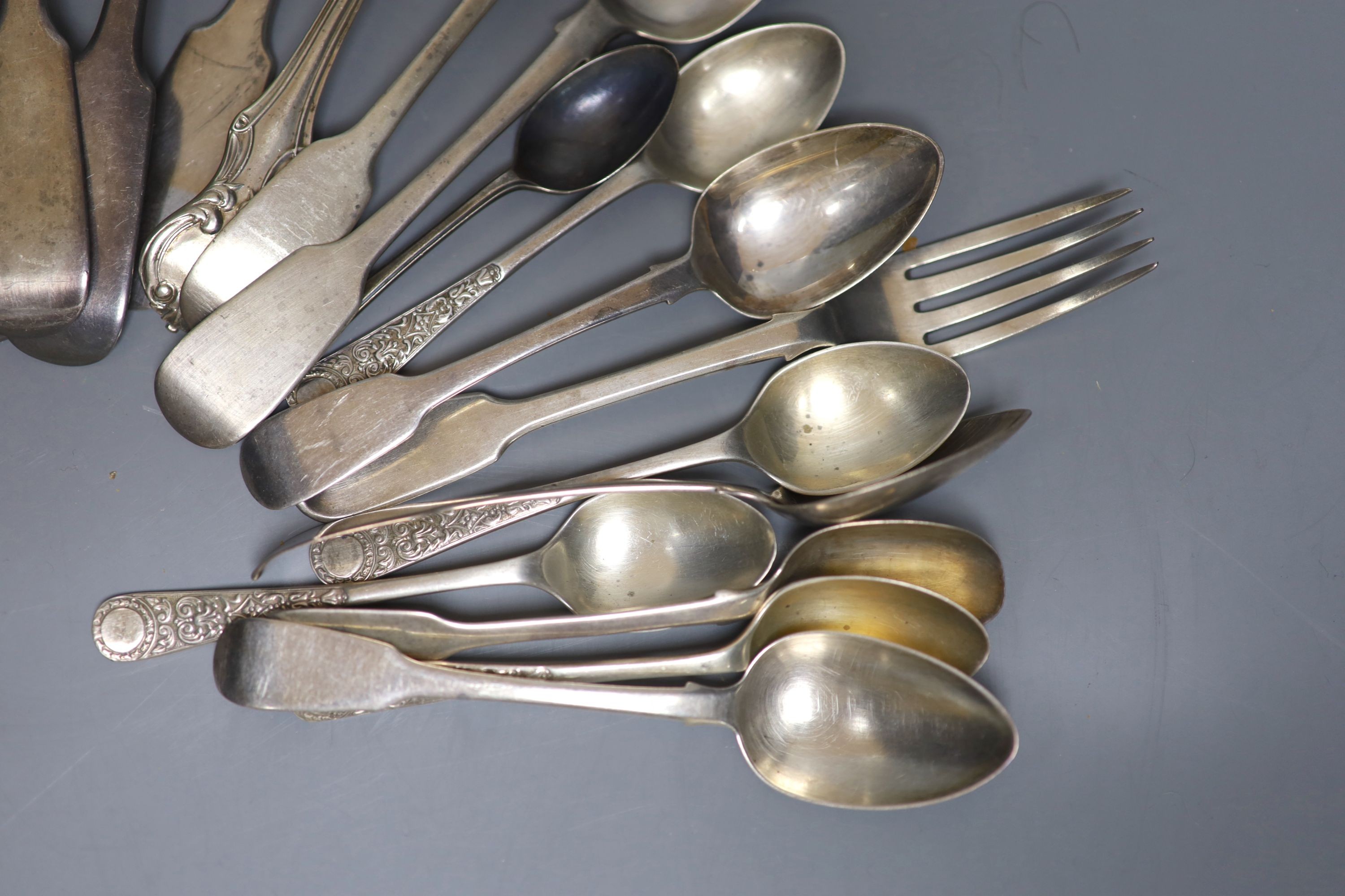 Five Victorian Scottish silver fiddle pattern table forks and twenty five other items of 19th century and later flatware, various dates and makers